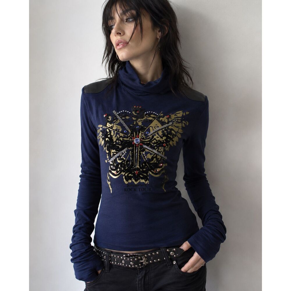 Vintage Paolo Santini Sz Large  Y2K Rocker Long Sleeve Turtleneck Shirt Beaded